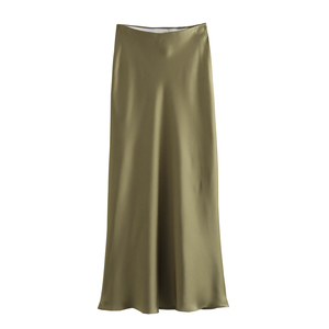 QSY Zipper Fly Green Color Silky Cas Al Fashion <span class=keywords><strong>Jupe</strong></span> longue en <span class=keywords><strong>satin</strong></span> pour femme - Product Image 1