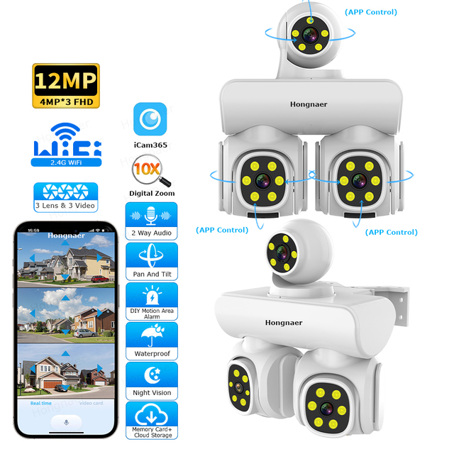 Hongnaer ICam365 12MP Wireless WiFi Security CCTV Camera With Full Color Night Vision 3 PTZ 3 Lenses for Outdoor Home and Farm