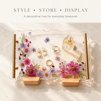 Plateau de vanité personnalisé en résine époxy avec fleurs pressées, modèle transparent, poignée dorée de luxe, organisateur de bijoux, décoration d'intérieur