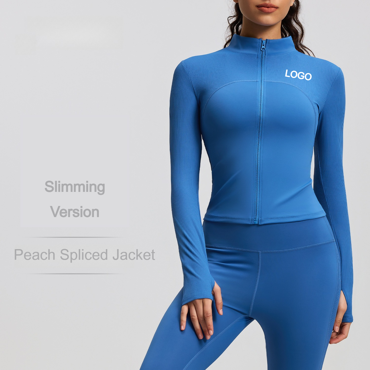 Custom LOGO Women Ribbed Yoga Jacket Slim Fit Full Zip Stand Collar Long Sleeve Workout Top