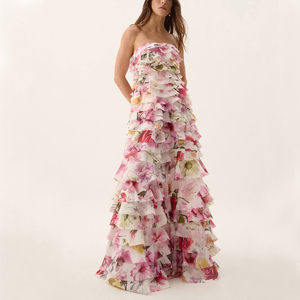 Personnalisé Sans Bretelles Fermeture Éclair Arrière <span class=keywords><strong>Horizontale</strong></span> Gaze Volants Tout au long Confortable Élégant Chic Armure Maxi Robe Décontractée - Product Image 4