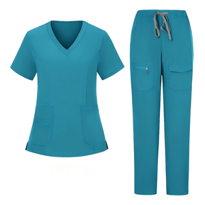 Women <b>Scrub</b> <b>Tops</b> Solid Color V Neck Short Sleeve Polyester Hospital Uniforms for Medical Workwear with Front Zip and Pockets - Product Image 5