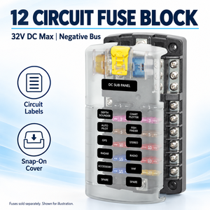 Bloque de Fusibles de 12 Circuitos con Bus Negativo y Cubierta Transparente, Panel de Fusibles de 32V DC 100A para Barcos, Embarcaciones y Autocaravanas - Product Image 1