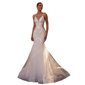 Mermaid Wedding Dress White V-Neck Backless Floral Print Satin Lace Slim Fit Natural Waistline 2026 Style - Product Image 4