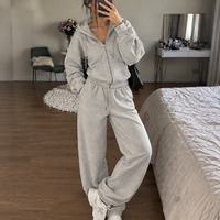 Ensemble deux pièces pour femme : sweat à capuche zippé et pantalon de survêtement large en molleton gris chiné, tenue de détente, survêtement, OEM ODM Vente en gros