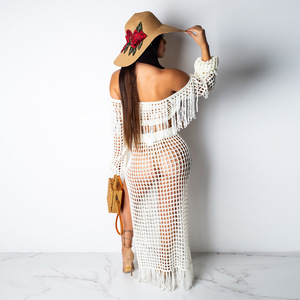 Ensemble 2 pièces décontracté et sexy pour femmes grandes tailles, haut épaules dénudées et robe longue jusqu'aux chevilles, cache-maillot de bain, tenue de plage - Product Image 3