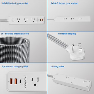 PUJIMAX Nouveaux modèles Câble d'extension tressé 1.5M US 6 sorties AC Fourchu USB Type C Socket Smart Home US Power Socket avec interrupteur - Product Image 6