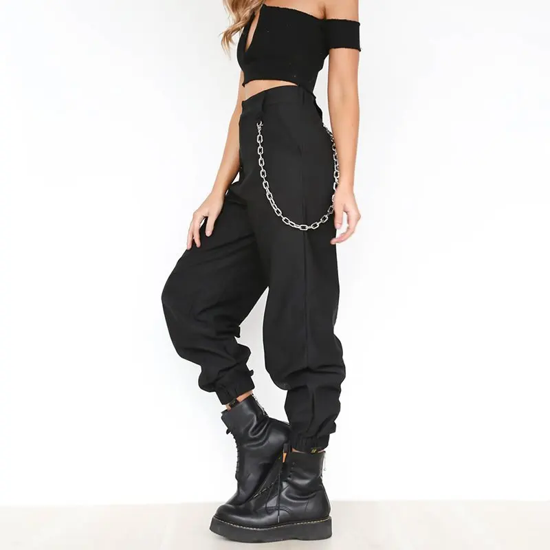 Hot Sale Black Khaki Elastic Waist Side pocket Plus Size Women Casual Cargo Pants