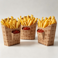 Boîte à frites en forme de cône avec insert pour coupelle de sauce |   Emballage alimentaire jetable en papier kraft personnalisé avec logo
