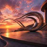 Sculpture Moderne Abstraite en Acier Inoxydable Poli Effet Miroir, Ornement Métallique en Maille en Forme de Feuille, Couleurs et Tailles Personnalisables pour Jardin