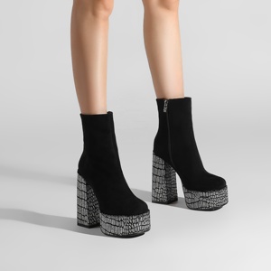 Bottines à plateforme pour femmes, bottines à talon épais <span class=keywords><strong>en</strong></span> faux daim avec talon imprimé crocodile pailleté, chaussures de soirée avec fermeture éclair latérale - Product Image 1