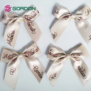 Gordon Ribbon High Quality Custom Logo Printed Wine Bottle Packing Bows Gift Satin Ribbon Pre-made Mini Bow For Bottle Perfume