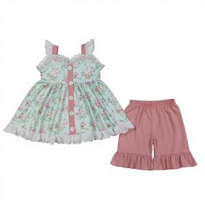 Girls Vintage <b>Rose</b> Print Button Front Tunic <b>Top</b> and Ruffle Shorts Set Children Girl's Casual Summer Wholesale Clothing - Product Image 1