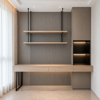 Bureau de chambre flottant en bois sur mesure avec étagères et 2 tiroirs, unité murale de luxe moderne pour l'extrémité de lit, suite de rangement LED