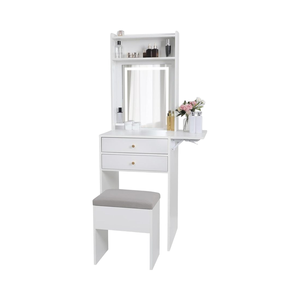 Nhỏ gọn màu trắng nhỏ trang điểm vanities thiết lập <span class=keywords><strong>3</strong></span> có thể điều chỉnh thắp sáng Gương bàn trang điểm Fold-Up Bảng điều chỉnh ghế cho phòng khách phòng ngủ - Product Image 1
