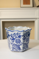 Pot de fleurs en céramique de luxe écologique peint à la main avec motif floral bleu et blanc pour la décoration intérieure