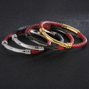 KALEN ファッション ステンレススチール ラインストーン レッドレザー ユニセックス ブレスレット - Product Image 4
