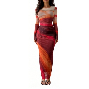 Vestido maxi de malla con efecto tie-dye para mujer - Vestido largo ajustado con fruncido y manga larga a la moda - Product Image 3