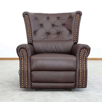 Antiker Luxus-Sessel mit Hoher Rückenlehne und Flügeln, Robuster Relaxsessel, Vintage-Leder mit Knöpfen, Rollarmlehnen, Modernes Design aus Holz