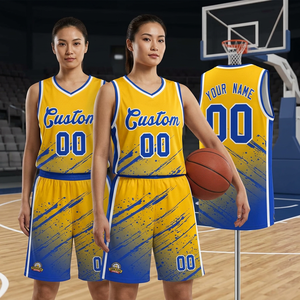 Ensemble de maillots de basket-ball personnalisés, jaune et bleu dégradé, impression sublimée, polyester respirant, débardeur et short uniformes - Product Image 3
