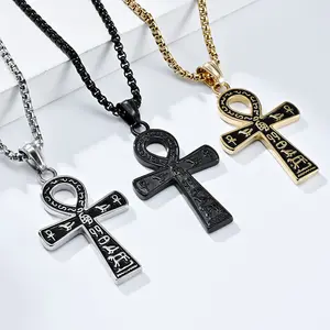 SSN051 High Quality Stainless Steel Large Ankh Cross Pendant Ancient Egyptian Hieroglyphic Symbol Chain Necklaces for Men