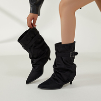 Bottes mi-mollet souples pour femme GMM002 en cuir PU avec semelle TPU, bout pointu, talon chaton, bride à boucle – Bottes habillées tendance noires et marron