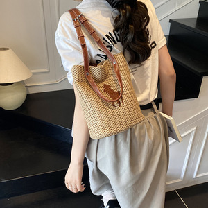 Yula Raffia Straw Woven Bucket Bag Khaki <b>Medium</b> Summer 2025 Beach Tote Shoulder <b>Handbag</b> - Product Image 4