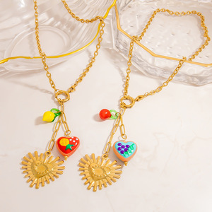 สร้อยคอสแตนเลส จี้รูปหัวใจและดวงอาทิตย์ ดีไซน์ผลไม้สไตล์ชนบท พร้อมสายคล้องคอ ของขวัญเครื่องประดับ - Product Image 1