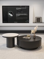 Table basse en métal de style italien, luxe léger, haut de gamme, plateau en dalle de pierre, rangement intégré, design moderne et minimaliste pour salons de petite taille