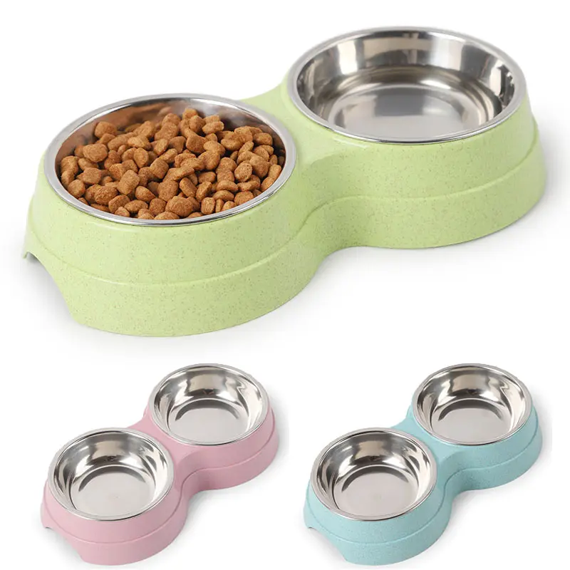 Eco-friendly Wheat Straw Round Smart Pet Feeder Drinking Plastic Double Pet Bowl Dog Bowl Stainless Steel Cat Feeding Bowl