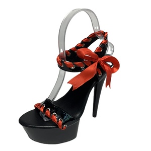 Sandali <span class=keywords><strong>con</strong></span> plateau da donna neri in vernice <span class=keywords><strong>con</strong></span> <span class=keywords><strong>tacco</strong></span> da 15 cm, allacciatura <span class=keywords><strong>con</strong></span> nastro rosso e cinturino <span class=keywords><strong>alla</strong></span> <span class=keywords><strong>caviglia</strong></span>, ideali per pole dance - Product Image 4