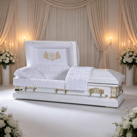 Cercueil funéraire en acier blanc de style américain avec poignées dorées et intérieur en velours
