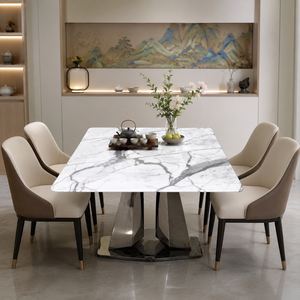 Customized Calacatta Cream <b>Marble</b> Dining <b>Table</b> Rechtangel <b>Top</b> Modern Villa 6~8 Seater Metal Legs Stone Furniture - Product Image 6