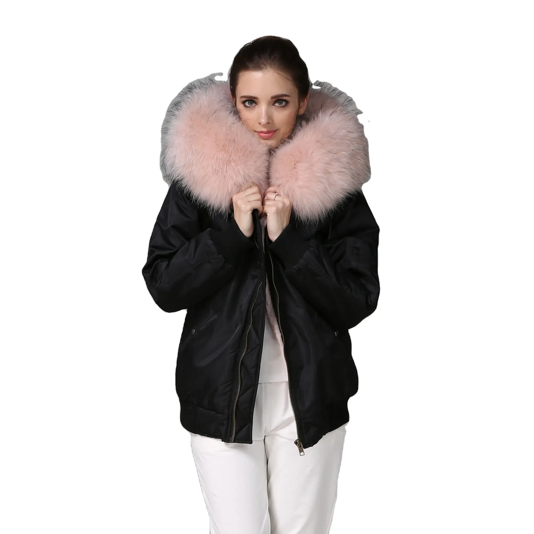 Chaqueta con capucha de piel de mapache para invierno, chaqueta de nailon resistente al agua de Material clásico negro, color rosa claro, abrigo de talla grande