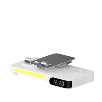 Station de charge magnétique sans fil 7-en-1 avec support pliable, veilleuse LED, réveil et sorties USB