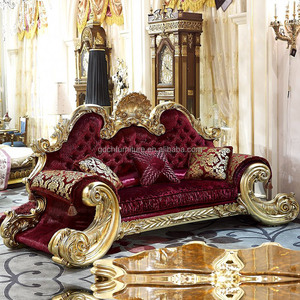 लक्जरी रोकोको शैली ठोस लकड़ी पर नक्काशी कमरे में रहने वाले सोफे सोने की पत्ती नरम लाल कपड़े बकसुआ सोफे लकड़ी सोफा सेट - Product Image 2