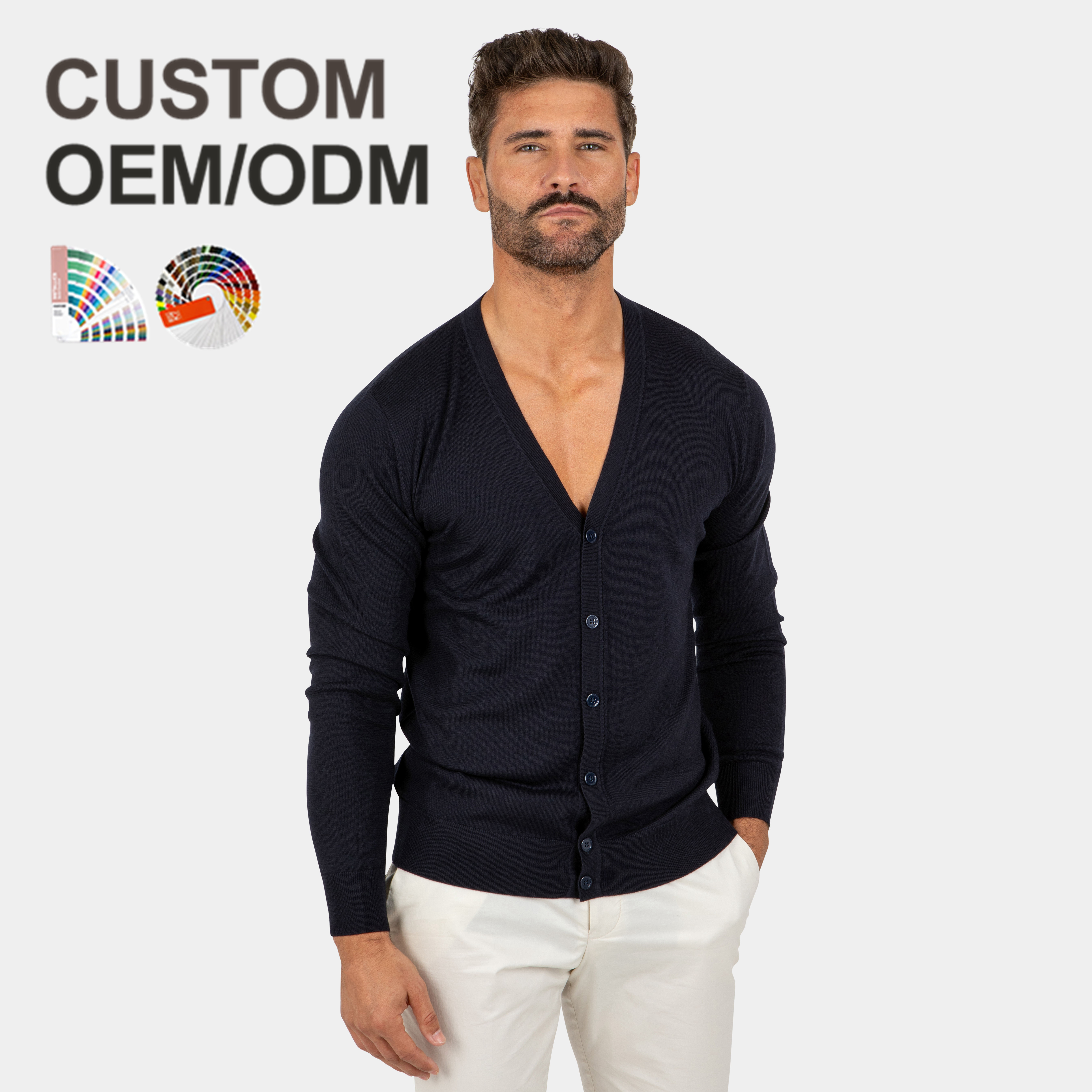 2024 New Design 100% Merino Wool 12GG Navy Button Breathable Men Sweater Cardigan For Autumn
