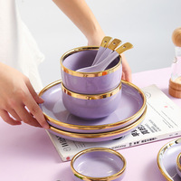 Ensemble de vaisselle nordique de luxe léger avec bordure dorée en céramique : bol à riz, bol à soupe, assiette à légumes