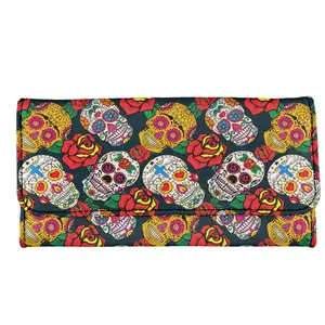Carteira de couro estampada colorida, caveiras de açúcar coloridas, padrão de flores, carteira em branco, dobrável, longa, 2022