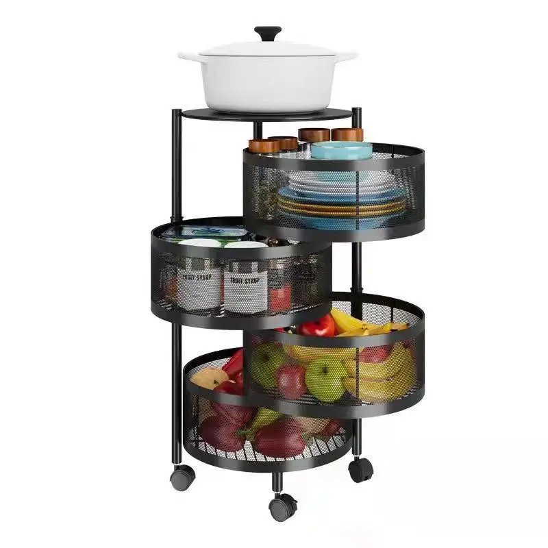 Étagère de stockage de fruits, étagère à légumes rotative, panier en fil de fer noir, présentoir de sol en métal à 4 niveaux pour cuisine et salle de bain