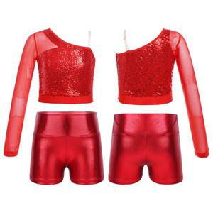 6-16 bambini ragazze Performance <span class=keywords><strong>costumi</strong></span> da ballo Top da ballo manica lunga Top Crop con <span class=keywords><strong>vita</strong></span> <span class=keywords><strong>alta</strong></span> Shorts set per Party Jazz Dance - Product Image 2