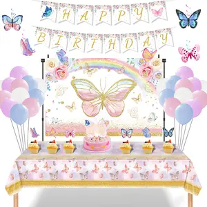 Conjunto de decoración de fiesta de cumpleaños para niños, mantel desechable con temática de mariposa, bandera, fondo de tela, decoración de tartas