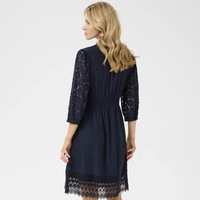Robe Courte Décontractée pour Femme, Col Montant, Manches en Dentelle, Bleu Marine Uni, Coupe Évasée, Vente en Gros Personnalisée