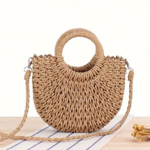Wholesale National Style Half Round Woven Straw Beach Crossbody Bag with USB Portable for Women - Product Image 2