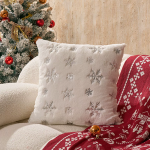 XM-509 <strong>White</strong> Faux Fur Snowflake Embroidery Throw <strong>Pillow</strong> Covers <strong>Fluffy</strong> Plush Soft Square Christmas Cushion Cases - Product Image 3