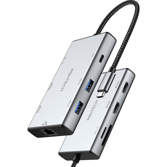 8-in-1 USB C Hub Multiport Docking Station 4K60Hz Dual PD 100W USB 3.0 Gigabit Ethernet SD TF Reader