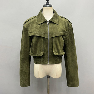 <strong>Women</strong> Cropped Bomber Motorcycle <strong>Style</strong> Short Outerwear Genuine Sheepskin Suede Leather <strong>Jacket</strong> <strong>for</strong> Spring Autumn - Product Image 4