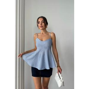 Blusa de Gasa a Rayas Azules con Tirantes Estilo Oblea, Detalle de Encaje Oscuro, Talla XL, Sin Cuello, Estilo Casual para Primavera, Verano y Otoño - Product Image 3