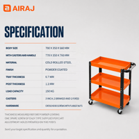 Chariot à outils à trois niveaux Airaj Heavy Duty, chariot à outils en acier laminé à froid, capacité de charge de 150 kg
