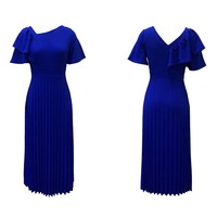 Benutzer definierte einfarbige einfache bescheidene lange Maxi einteilige Kleider Lady Taille Slim Fit Rüschen kurz ärmel ige gepresste Plissee Kleid Frauen